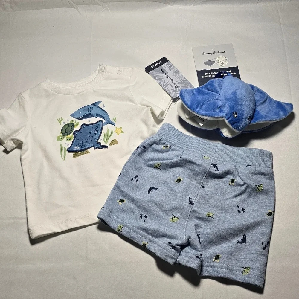 Tommy Bahama Baby Boy 0-3m Outfit Shark T-Shirt Blue Shorts Stingray Toy NWT
